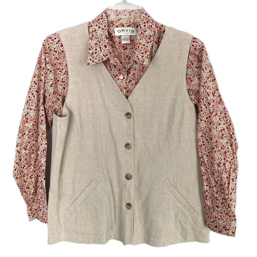 Orvis Shirt & Vest Set Women 16 Cotton Floral Button Pockets Equestrian Collared